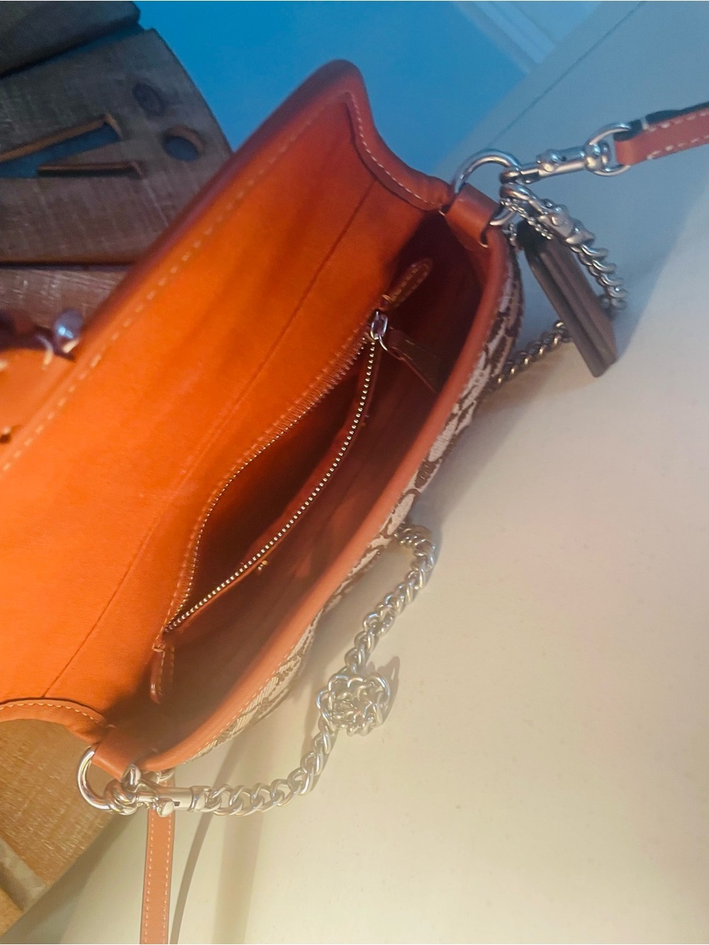 Coach Brown Signature Canvas Crossbody with Tan Leather Trim and Chain - Picture 3 of 8